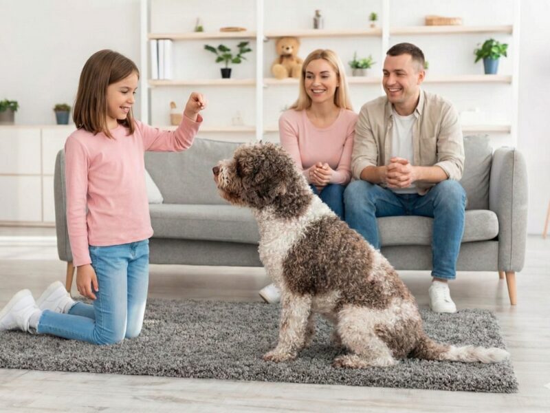 Child training a Lagotto Romagnolo in a family living room
