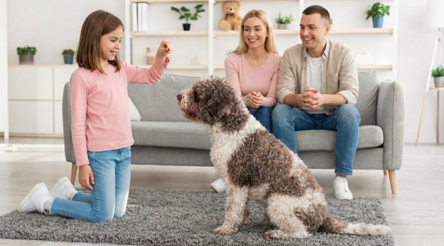 Child training a Lagotto Romagnolo in a family living room
