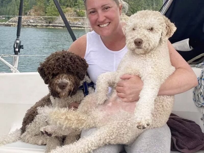 Woman and her two Lagotto Romagnolo dogs enjoying a boat trip on the lake.