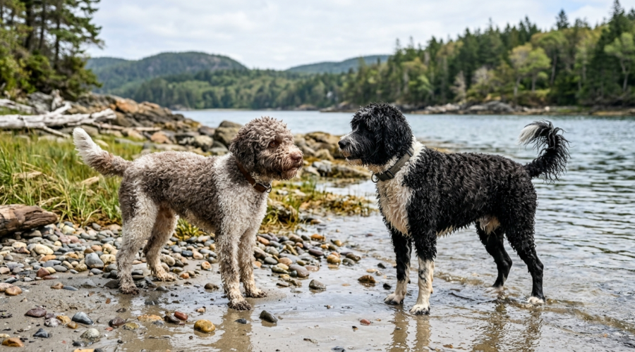 A side-by-side comparison of a brown and white curly-coated Lagotto Romagnolo and a black and white Portuguese Water Dog standing on a rocky shoreline next to a river.